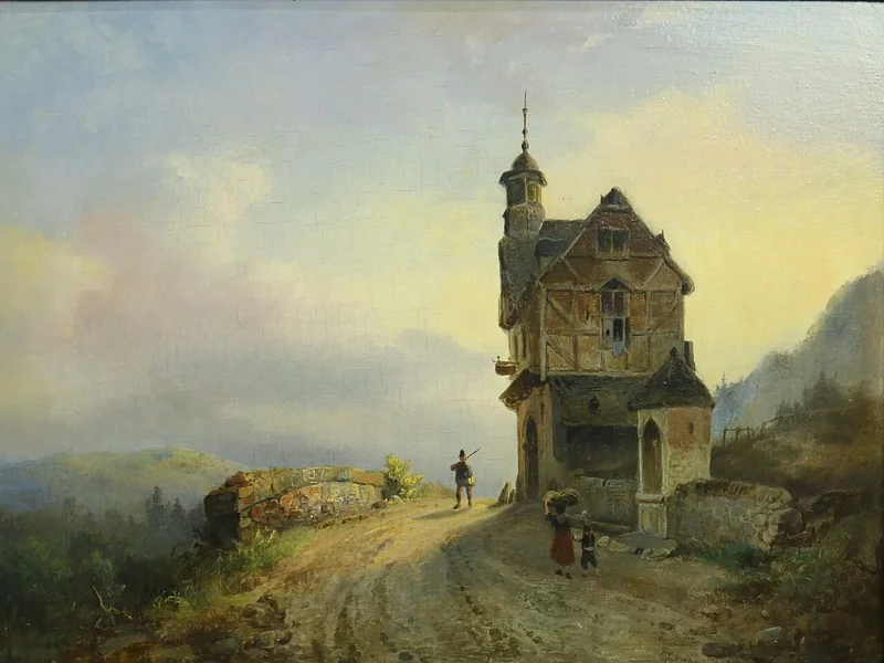 1814-Willem Georg Wagner - Figure su una strada di villaggio in un paesaggio montano